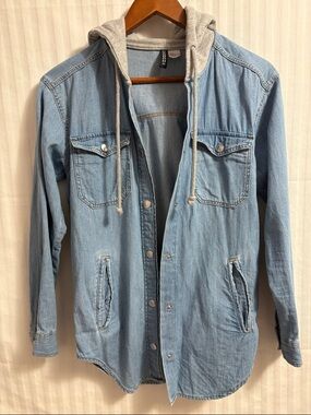 H&M Denim Hooded Shirt Jacket/Hoodie Utility Shacket Light Blue Small Unisex